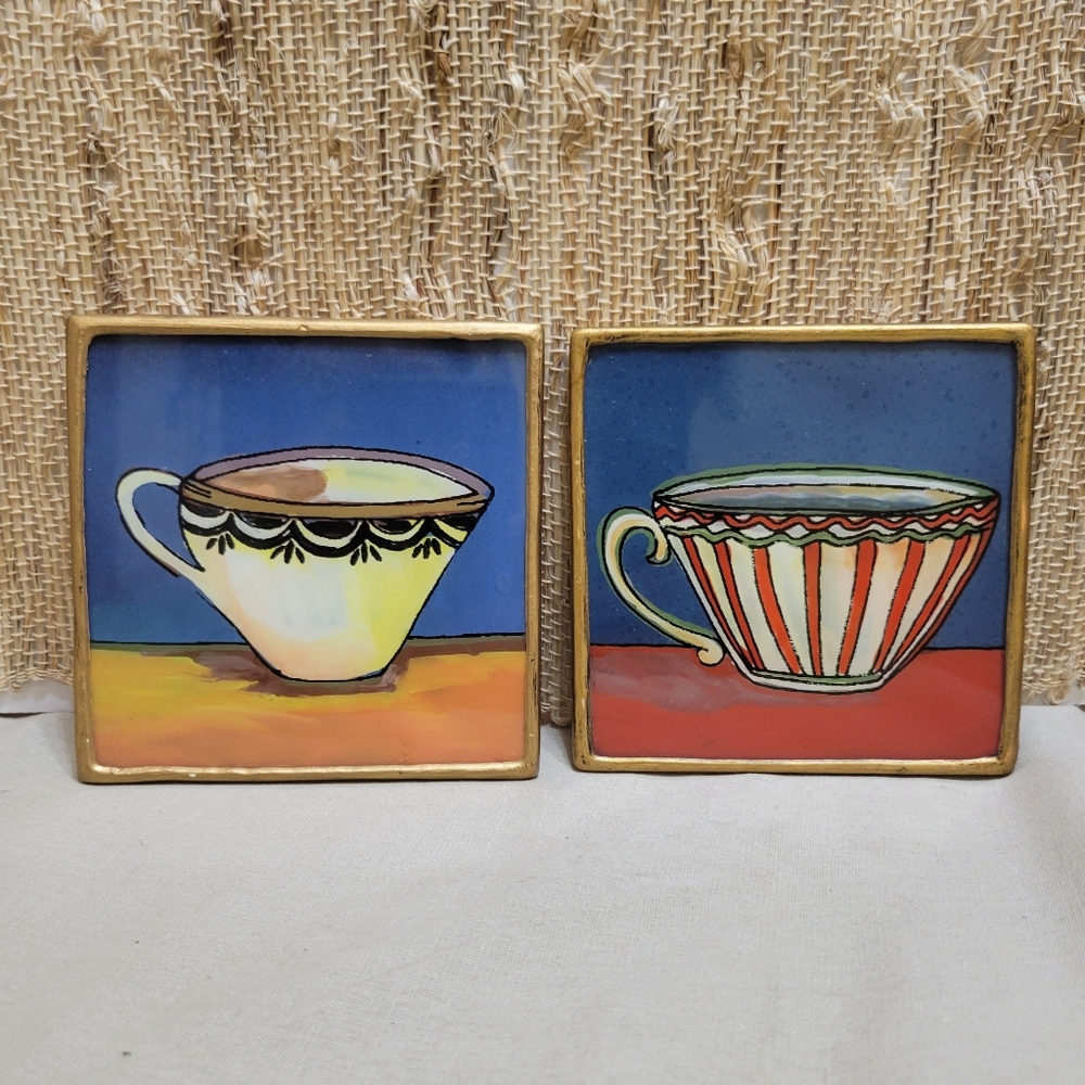 Set of 2 Hand Painted Wood and Acrylic Cofee Cup Wall Art